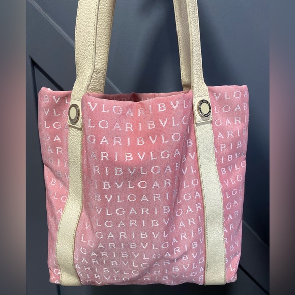 BVLGARI Handbags - Bulgari Pink and Cream Logo Tote With Pouch